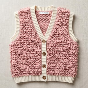 May include: A sleeveless V-neck sweater vest in a dusty pink color with a textured loop knit pattern. The garment features a cream-colored ribbed trim along the neckline, armholes, and hem, with four brown buttons and a white size label at the neck.