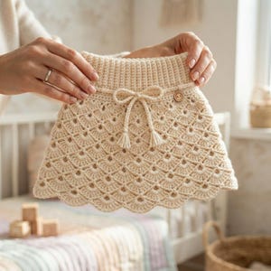 Puede incluir: Una falda de ganchillo color crema con cintura acanalada, un patrón de puntos de abanico festoneados en toda la prenda y un cordón central con pequeñas borlas. Un pequeño botón de madera está sujeto en la parte frontal de la cintura.