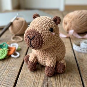 May include: A crocheted capybara plush toy made of light tan yarn with a darker brown snout, ears, and feet. The figure features black plastic safety eyes, a stitched black nose and mouth, and small pink embroidered accents under the eyes.