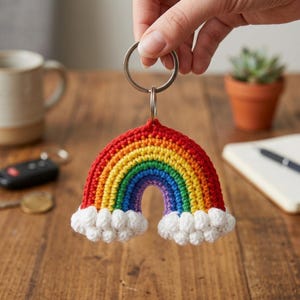 May include: A crocheted rainbow keychain featuring a metal ring. The rainbow is composed of concentric arcs in red, orange, yellow, green, blue, and purple yarn, with textured white crocheted clouds attached to both ends of the rainbow arch.