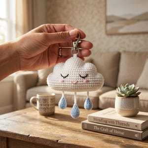 Op de afbeelding: Een witte gehaakte wolk sleutelhanger met een slapend gezichtje met gesloten ogen en roze wangen. Drie kleine, lichtblauwe gehaakte regendruppels hangen aan witte garen draadjes onder de wolk, bevestigd aan een zilverkleurige metalen karabijnhaak.