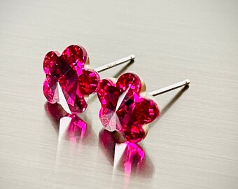 Swarovski Crystal Mini Flower Sterling Silver Earrings, Flower Earrings, Fuchsia Pink Flower, Pink Flower Earrings