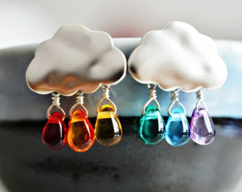 Raindrop Cloud Earrings, Rainbow Cloud Earrings, Silver Cloud Earrings, Silver Stud Earrings, LGBTQ Earrings, Pride Earrings,