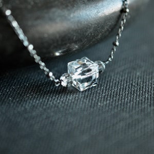 Swarovski Crystal Clear Cube, Oxidized Sterling Silver Beads Chain Necklace, Clear and Black Necklace, Choker Necklace