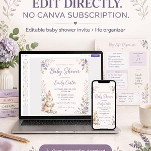 Puede incluir: Una plantilla digital de invitación para baby shower y organizador de vida mostrada en una pantalla de portátil y smartphone. El diseño presenta una ilustración de conejo, acentos florales y texto que incluye "Baby Shower" y "My Life Organizer".