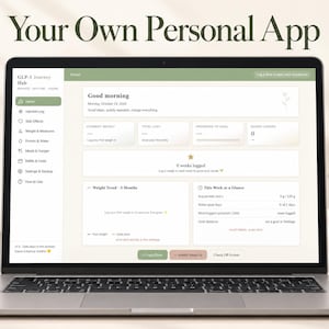 May include: A laptop screen displays the GLP-1 Journey Hub app interface with a dashboard featuring sections for weight tracking, protein intake, and water goals. The text Your Own Personal App appears above the screen in a serif font.