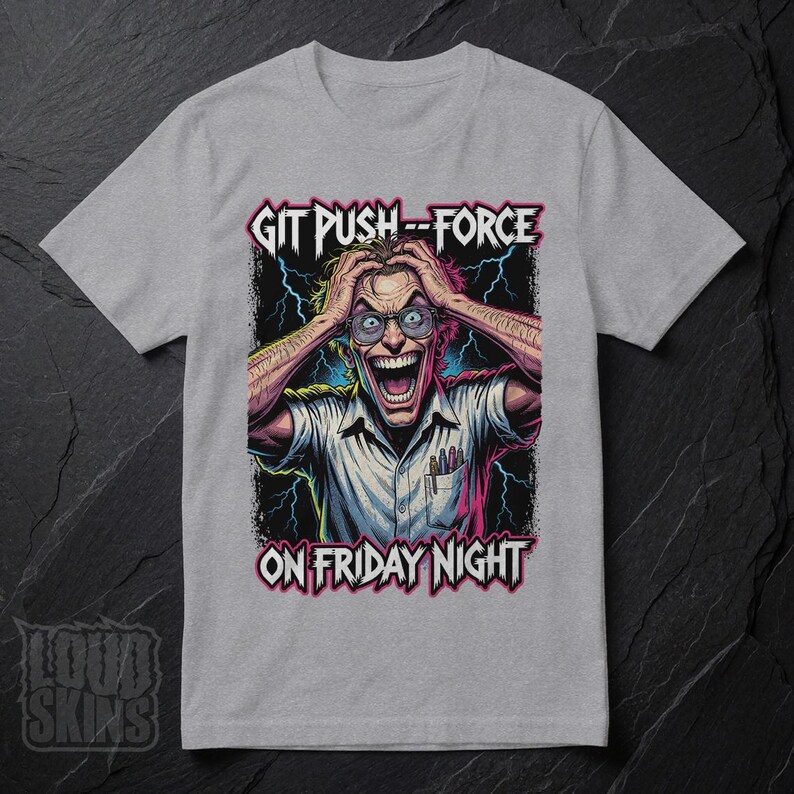 Git Push --Force, Mad Programmer Tee | Retro Horror Developer T-Shirt (Unisex) Sport Grey