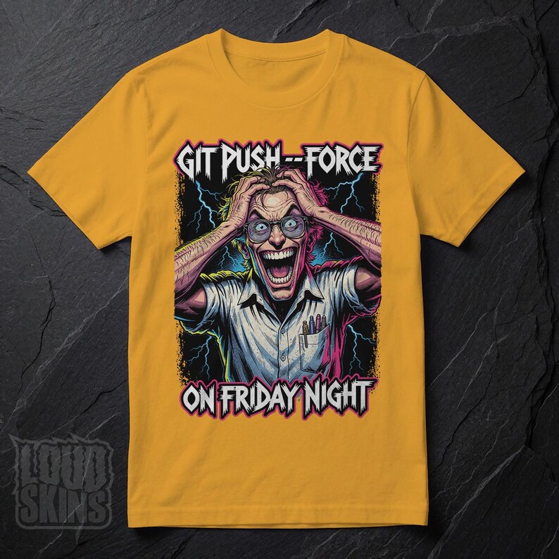 Git Push --Force, Mad Programmer Tee | Retro Horror Developer T-Shirt (Unisex) Gold