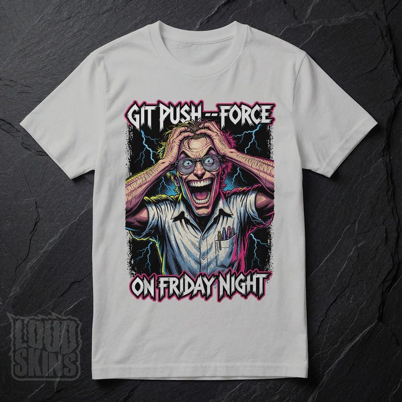 Git Push --Force, Mad Programmer Tee | Retro Horror Developer T-Shirt (Unisex) Ice Grey
