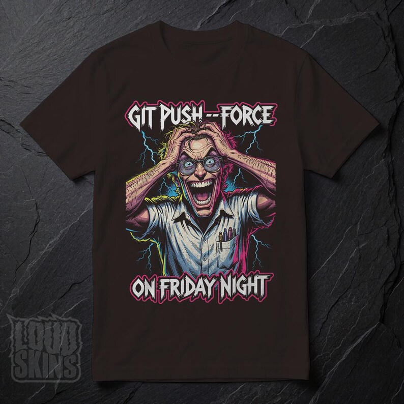 Git Push --Force, Mad Programmer Tee | Retro Horror Developer T-Shirt (Unisex) Dark Chocolate