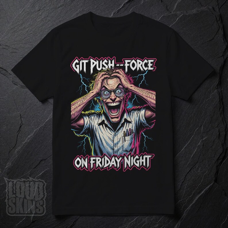 Git Push --Force, Mad Programmer Tee | Retro Horror Developer T-Shirt (Unisex) Black