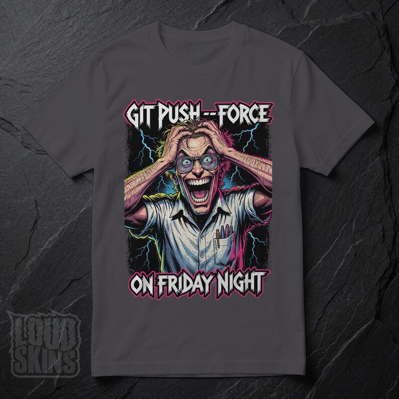 Git Push --Force, Mad Programmer Tee | Retro Horror Developer T-Shirt (Unisex) Charcoal