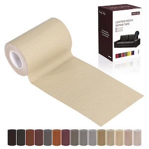 May include: A roll of beige leather patch repair tape with a textured surface. The packaging box displays the text LEATHER PATCH REPAIR TAPE and shows a sofa. A row of fifteen additional rolls in various colours is visible at the bottom of the image.