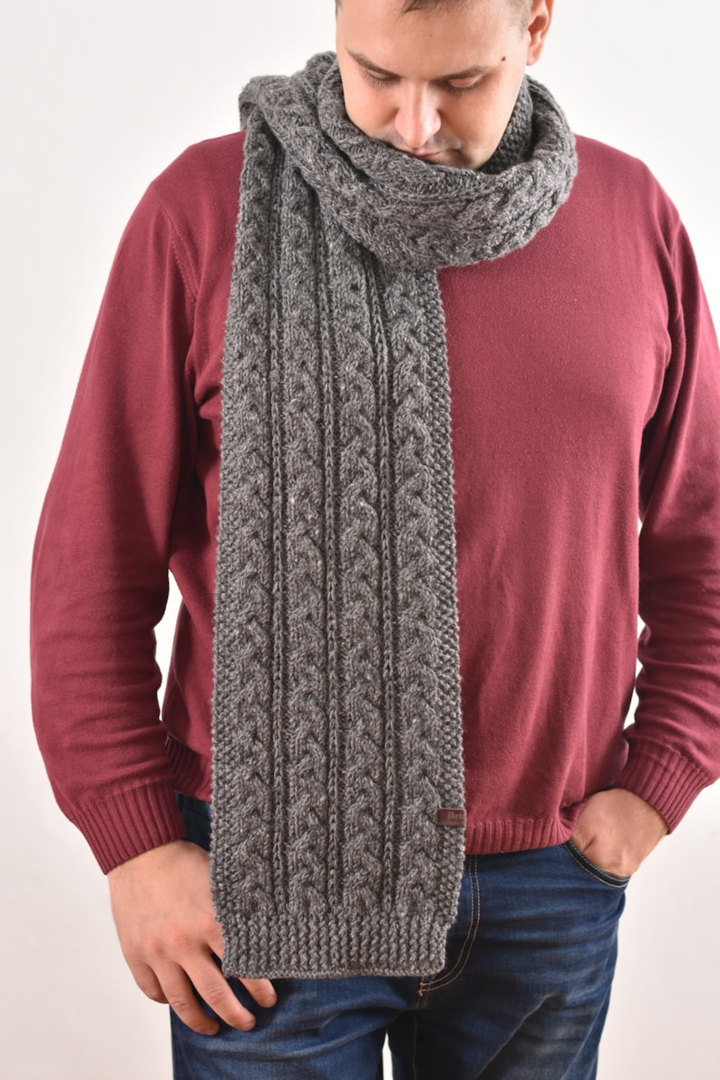 Hand Knit Grey Mens Scarf Chunky Gray Scarves Extra Long Etsy