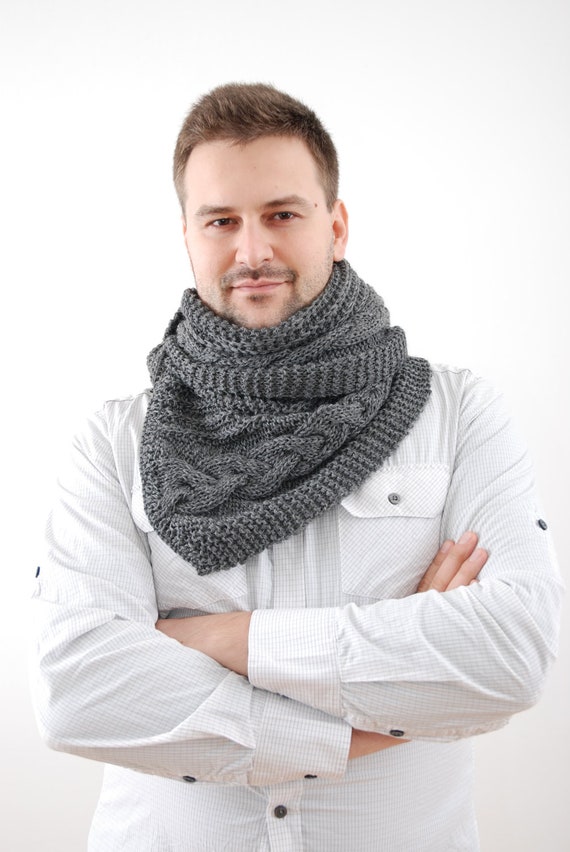 Grey Men Scarf. Hand Knit Extra Long Mens Scarf. Cable Knit Etsy
