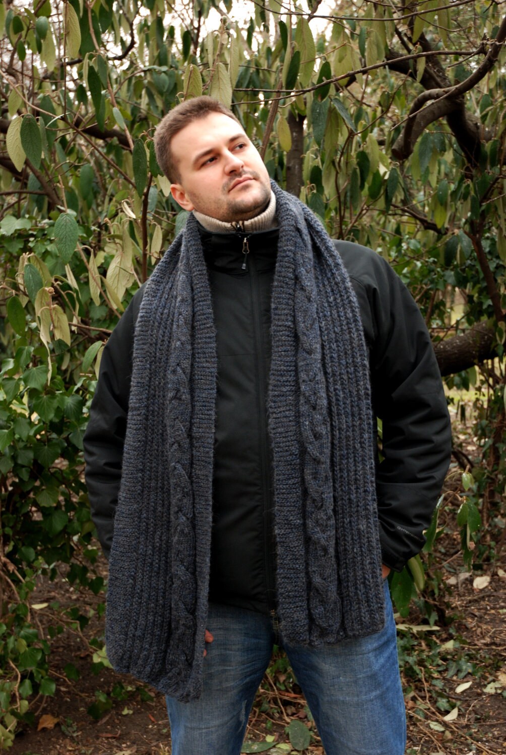 Grey Blue Extra Long Men's Scarf Large Hand Knit Mens Etsy