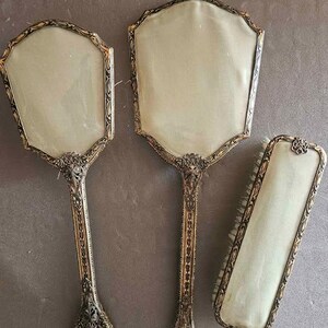 Vintage Brass Vanity Set | 3-Piece Filigree Hand Mirror & Hair Brush Set | Victorian Revival Dressing Table Decor | Coquette Boudoir Gift