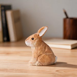 May include: A small, hand-carved wooden rabbit figurine with a light brown finish and visible chisel marks. The rabbit is depicted in a seated position, featuring a white-painted tail, white inner ears, and a single dark, glossy eye visible.