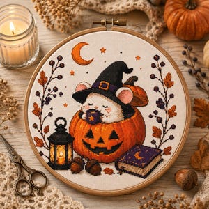 Puede incluir: Un bastidor de bordado circular con un diseño de punto de cruz de un ratón blanco con sombrero de bruja negro, sentado dentro de una calabaza naranja tallada mientras sostiene una pequeña taza morada, con una linterna y un libro.