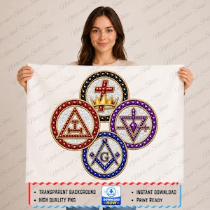 Puede incluir: Un diseño gráfico digital que presenta cuatro emblemas circulares con textura brillante. El emblema superior contiene una cruz roja y una corona dorada, el izquierdo un triángulo rojo con una escuadra, el derecho un triángulo invertido morado y el inferior una escuadra y un compás azules con la letra G.