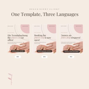 The same nail studio Instagram post design shown three times side by side, once in German, once in English and once in Russian, under the heading One Template, Three Languages. The layout, colours and typography stay identical across all three versions, illustrating that every template in the bundle is delivered in all three languages rather than one chosen language.
