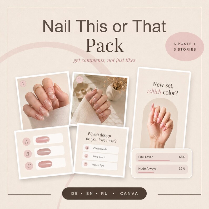 Op de afbeelding: Een social media sjabloonpakket genaamd Nail This or That Pack met 3 posts en 3 stories. De lay-out bevat afbeeldingen van gemanicuurde nagels, interactieve polls met opties zoals Classic Nude, Floral Touch en French Tips, en tekstelementen zoals New set, which color? en voortgangsbalken met Pink Lover 68% en Nude Always 32%.
