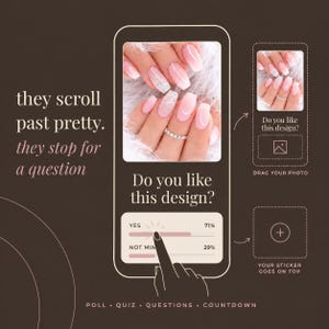 Op de afbeelding: Een digitale marketingtemplate op een donkerbruine achtergrond met de tekst they scroll past pretty. they stop for a question. De afbeelding bevat een smartphone-interface met een poll die 71% yes en 29% not min toont, plus een fotoplaatshouder.