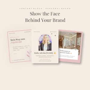 Personal branding Instagram post templates for nail technicians, displayed under the heading Show the Face Behind Your Brand. The layouts combine a portrait photo frame with short introduction text, so a nail artist can present herself, her studio and her working style. Soft beige and cream backgrounds with serif typography and generous white space.