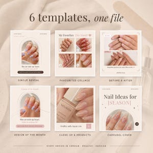 May include: A digital collection of six social media templates for nail art, featuring beige backgrounds, arched frames, and text overlays like 'My Favourites This Month', 'Before & After', 'Design of the Month', and 'Nail Ideas for [SEASON]'.