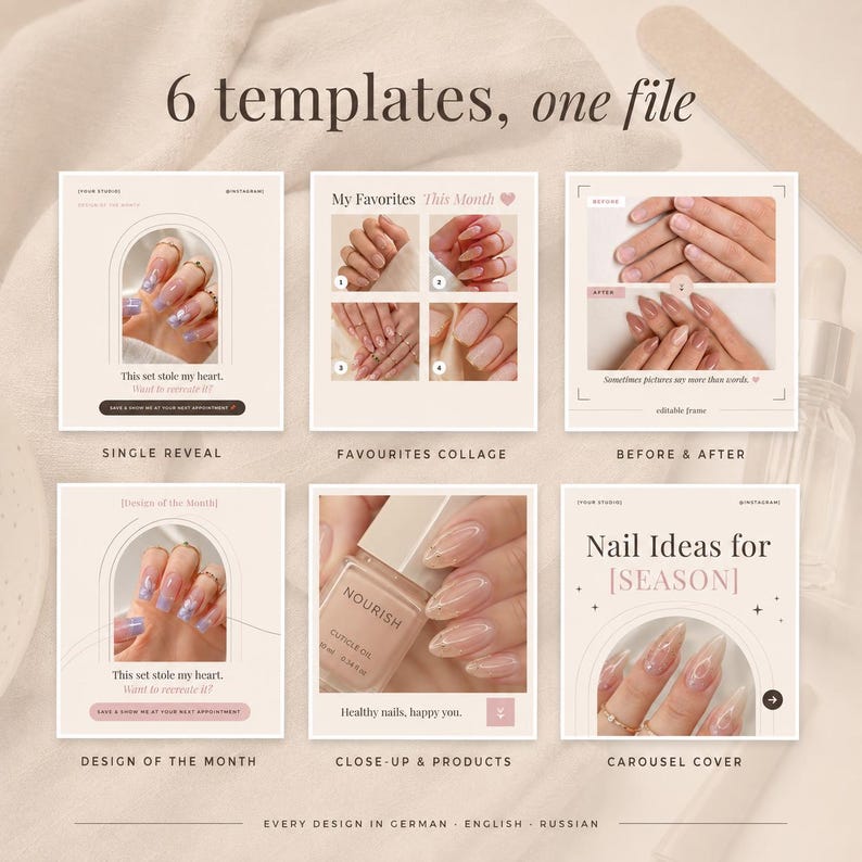 May include: A digital collection of six social media templates for nail art, featuring beige backgrounds, arched frames, and text overlays like 'My Favourites This Month', 'Before & After', 'Design of the Month', and 'Nail Ideas for [SEASON]'.