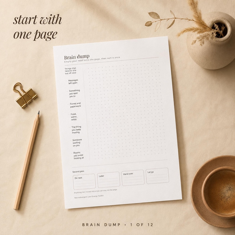 Printed brain dump sheet from the ADHD low energy planner on a beige linen table with a pencil, a brass clip, a cup of coffee and dried stems. Overlay text reads start with one page, brain dump 1 of 12.