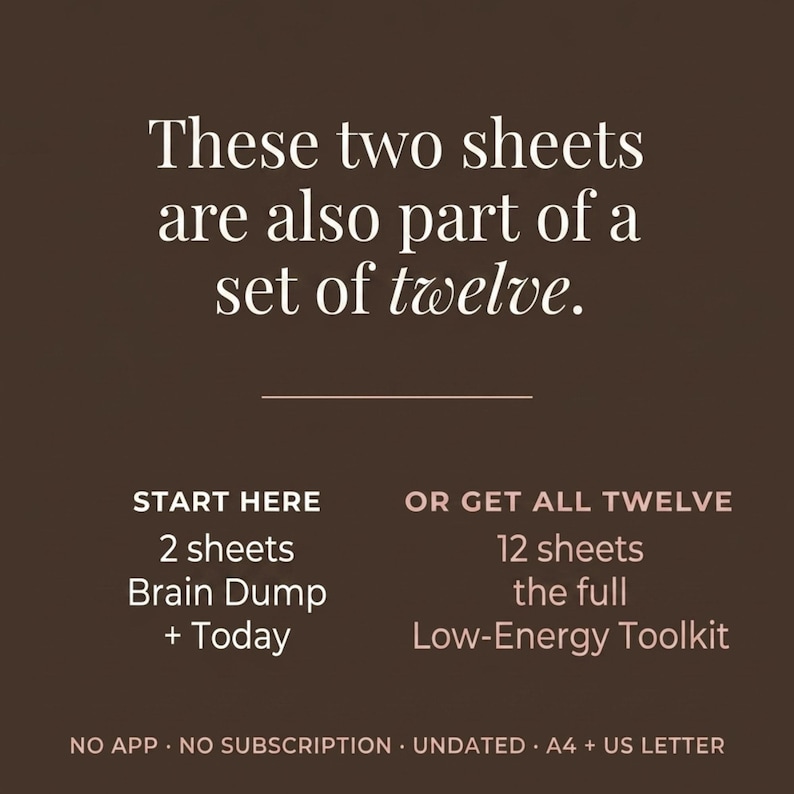 Dark brown text slide reading these two sheets are also part of a set of twelve. Below in small capitals, two columns: start here, two sheets, brain dump and today, or get all twelve, the full toolkit.