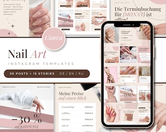 45 Nail Tech Instagram Template Bundle, 30 Posts 15 Stories, Canva Editable, DE EN RU, Nail Artist Social Media, Nagelstudio Vorlagen