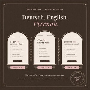 Puede incluir: Una plantilla digital de color marr&oacute;n oscuro con tres paneles arqueados con texto en alem&aacute;n, ingl&eacute;s y ruso. El gr&aacute;fico muestra 5 consejos para u&ntilde;as saludables en cada idioma, incluyendo instrucciones como aceite para cut&iacute;culas y limar en vez de cortar.