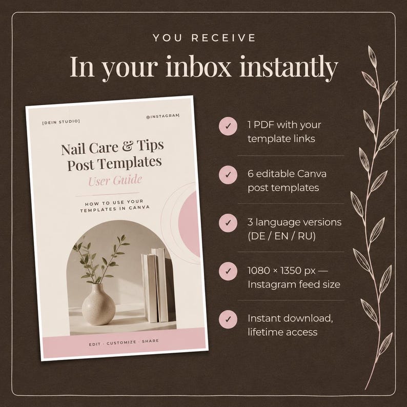 Puede incluir: Un listado de producto digital para plantillas de posts Nail Care & Tips con una portada de gu&iacute;a de usuario que muestra un jarr&oacute;n y libros. El texto incluye: YOU RECEIVE In your inbox instantly, 1 PDF with your template links, 6 editable Canva post templates, 3 language versions (DE / EN / RU), 1080 x 1350 px &mdash; Instagram feed size, y Instant download, lifetime access.