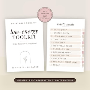 Cover and index of the Neurodivergent Low-Energy Toolkit printable planner on a beige desk. The title reads low-energy toolkit, a badge says 12 sheets undated, and beside it a list of all twelve sheet names with an A4 and US Letter seal.