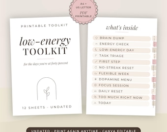 Neurodivergent Planner Printable, ADHD Low Energy Toolkit, Brain Dump, Energy Check, No-Streak Reset, Undated A4 US Letter (PDF Download)