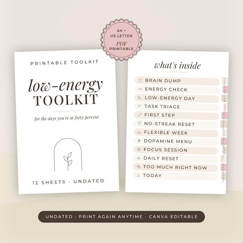 Cover and index of the Neurodivergent Low-Energy Toolkit printable planner on a beige desk. The title reads low-energy toolkit, a badge says 12 sheets undated, and beside it a list of all twelve sheet names with an A4 and US Letter seal.