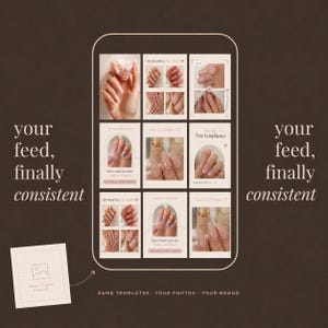 May include: A digital social media template grid featuring nine distinct panels displaying manicured fingernails with various nail polish colours and designs. The layout includes text overlays such as My Favorites, New Set, and New Confidence.