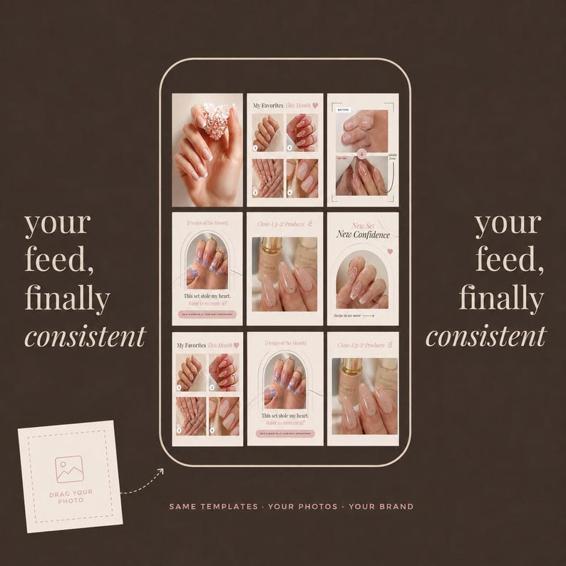 May include: A digital social media template grid featuring nine distinct panels displaying manicured fingernails with various nail polish colours and designs. The layout includes text overlays such as My Favorites, New Set, and New Confidence.