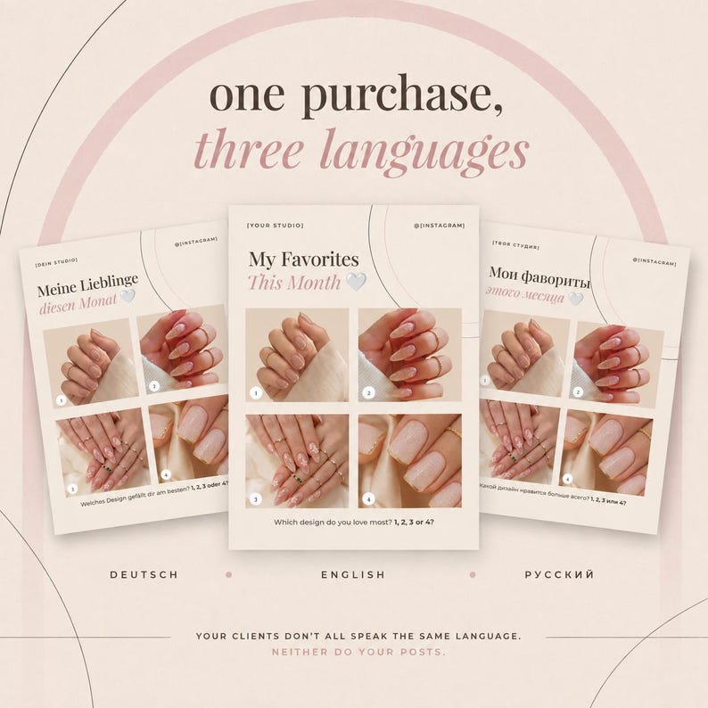 May include: Three digital social media templates in German, English, and Russian featuring a beige background with arched lines. Each template displays four close-up photographs of manicured fingernails with rings and the text My Favorites This Month.
