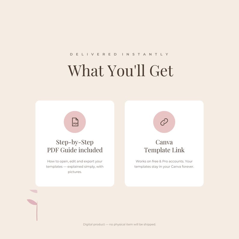 Op de afbeelding: Een digitale productinformatiegrafiek met de tekst What You'll Get. Het bevat twee witte vierkanten met iconen: een PDF-icoon voor een stapsgewijze PDF-handleiding en een link-icoon voor een Canva-sjabloonlink met instructies.