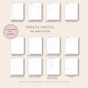 All twelve undated printable planner sheets shown in a grid: brain dump, energy check, low-energy day, task triage, first step, no-streak reset, flexible week, small refills, focus session, daily reset, too much right now, and today.
