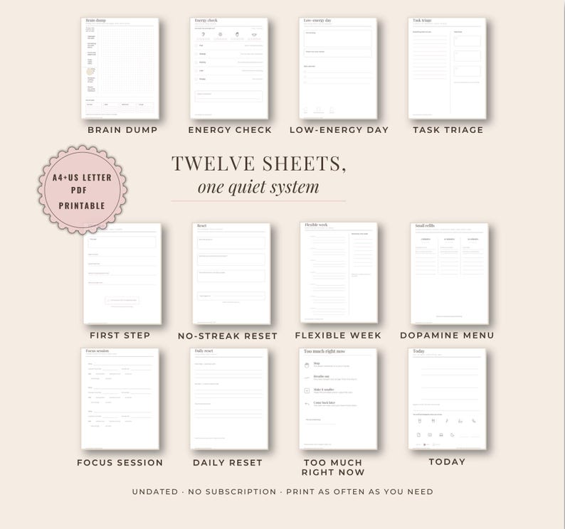 All twelve undated printable planner sheets shown in a grid: brain dump, energy check, low-energy day, task triage, first step, no-streak reset, flexible week, small refills, focus session, daily reset, too much right now, and today.
