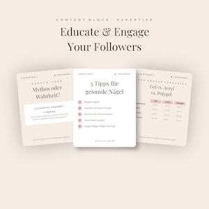 Three nail care Instagram post templates shown side by side under the heading Educate and Engage Your Followers. The designs cover educational and interactive content for nail technicians, including a numbered tips post about healthy nails, a myth versus fact layout and a question prompt for followers. Beige backgrounds, serif headlines and thin decorative line accents in dusty rose.