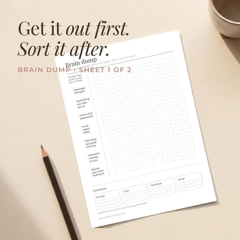 Close-up of the brain dump printable sheet: a column of prompts for things that slip out of view, a large open dot grid to empty your head onto, and four boxes along the bottom to sort it once - do next, later, hand over, let go.