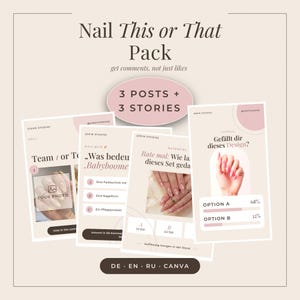 Op de afbeelding: Een digitaal marketing sjabloonpakket genaamd Nail This or That Pack met 3 posts en 3 stories. De beige en roze afbeeldingen bevatten tekst, poll-elementen en foto's van gemanicuurde nagels met diverse interactieve quiz- en stemopties.