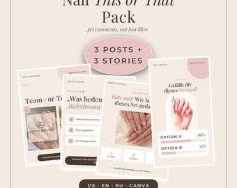 Nail This or That Instagram Templates, 3 Interactive Posts + 3 Stories, Poll Quiz Canva Editable, DE EN RU, Nagelstudio Vorlagen