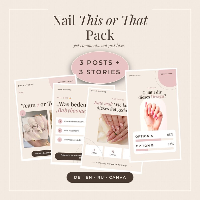 Op de afbeelding: Een digitaal marketing sjabloonpakket genaamd Nail This or That Pack met 3 posts en 3 stories. De beige en roze afbeeldingen bevatten tekst, poll-elementen en foto's van gemanicuurde nagels met diverse interactieve quiz- en stemopties.