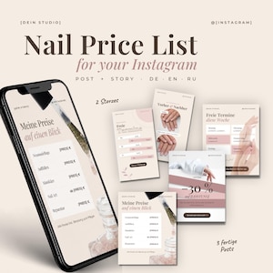 以下が含まれることがあります： ネイル価格リスト用のデジタルテンプレートセット。スマートフォンには「Nail Price List」、「Meine Preise auf einen Blick」、「Freie Termine」などのテキストを含むメニューが表示されています。デザインはニュートラルなカラーパレットと柔らかなピンクのアクセントを使用しています。